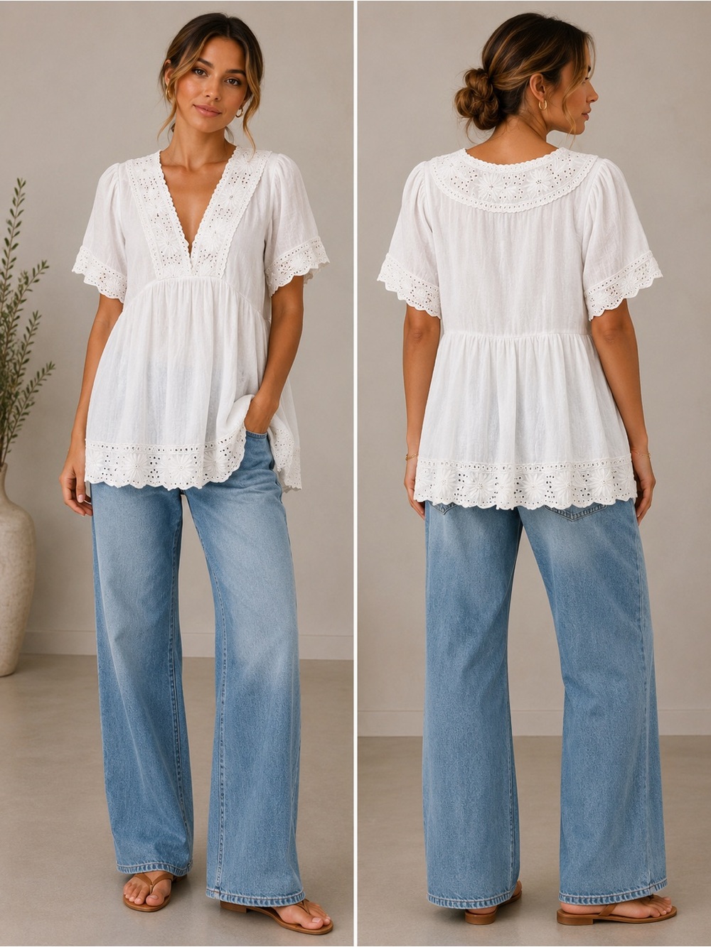Zara White V-Neck Eyelet Peasant Tunic